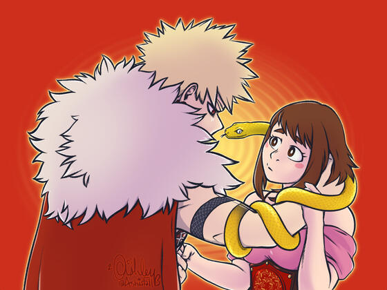 Bakugou and Uraraka facing one another. Bakugou has a snake coiled around his arm and his hand is around the back of Uraraka's head.